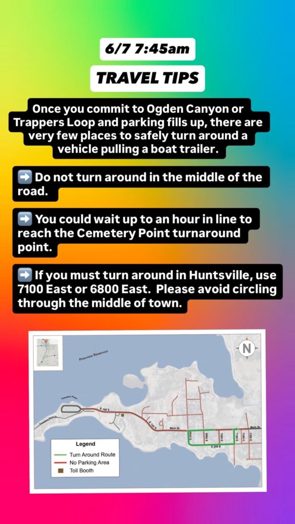 A photo showing current travel tips, road conditions, or parking availability at Pineview Reservoir. Text on image is included below.