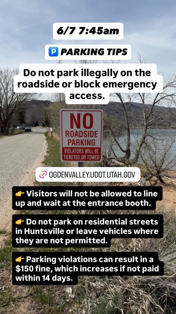 A photo showing current travel tips, road conditions, or parking availability at Pineview Reservoir. Text on image is included below.