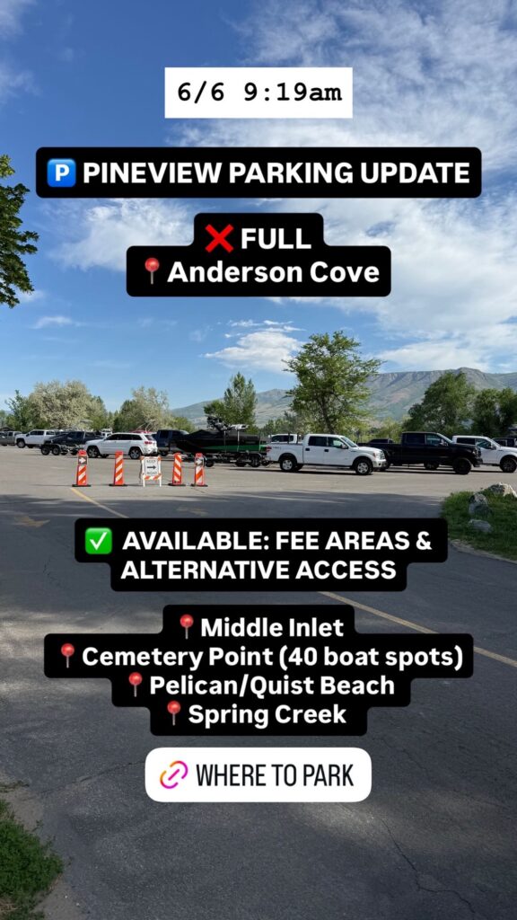 A photo showing current travel tips, road conditions, or parking availability at Pineview Reservoir. Text on image is included below.