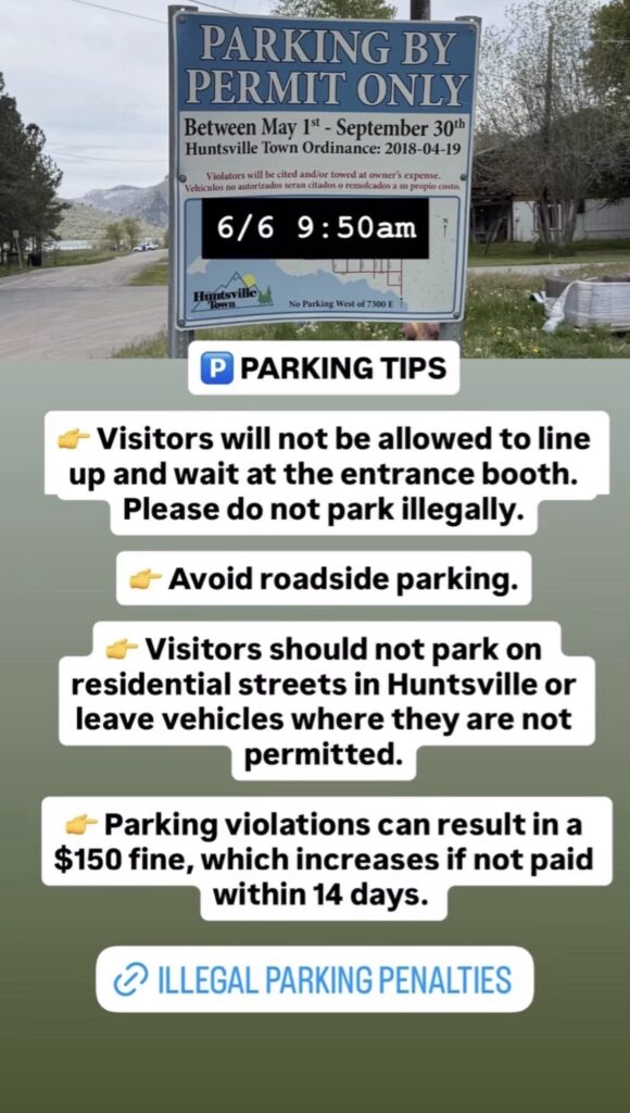 A photo showing current travel tips, road conditions, or parking availability at Pineview Reservoir. Text on image is included below.