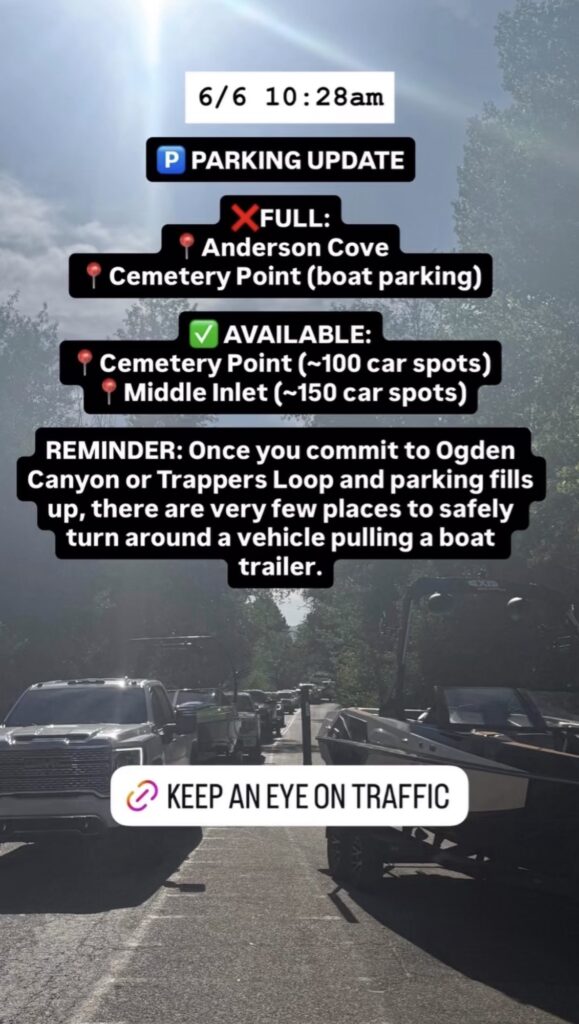 A photo showing current travel tips, road conditions, or parking availability at Pineview Reservoir. Text on image is included below.