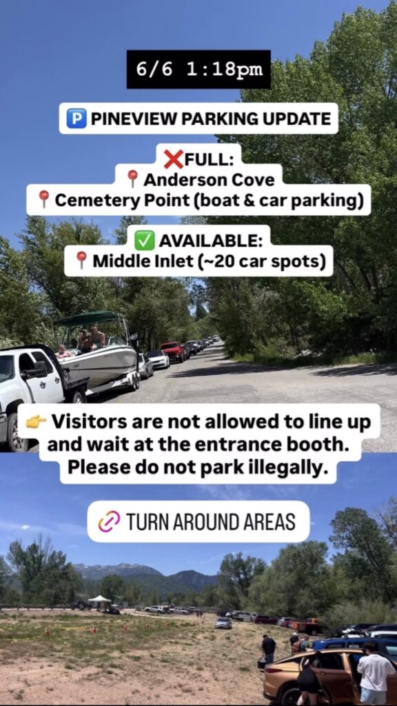 A photo showing current travel tips, road conditions, or parking availability at Pineview Reservoir. Text on image is included below.