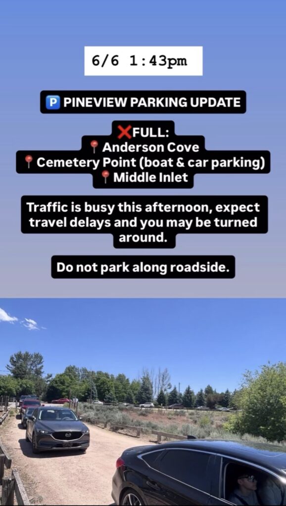A photo showing current travel tips, road conditions, or parking availability at Pineview Reservoir. Text on image is included below.