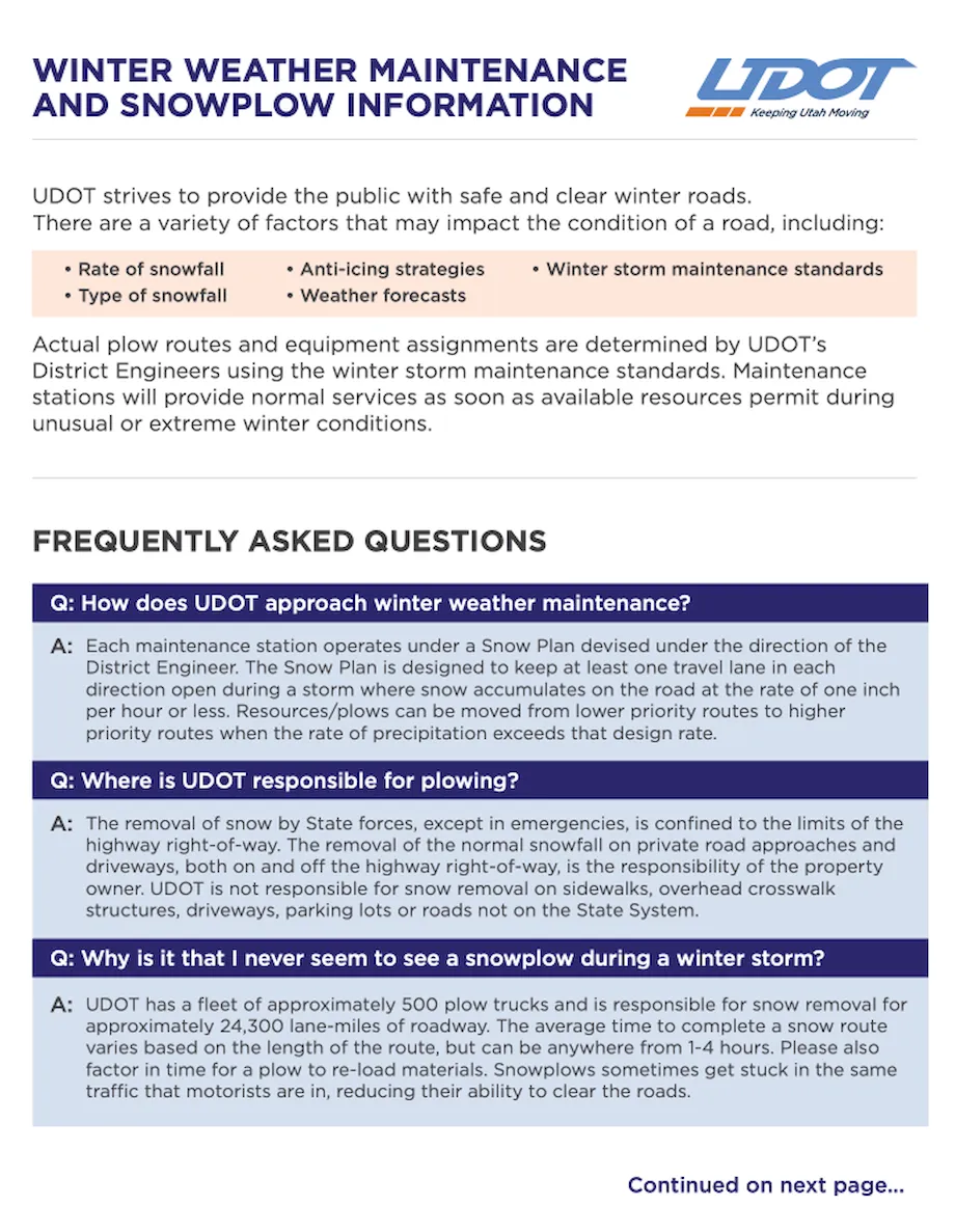UTDOT snowplow information regarding winter weather maintenance and road conditions