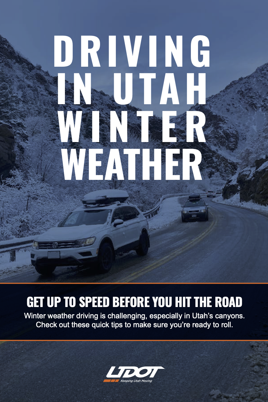 Snowy canyon road scene with a parked SUV and distant vehicles