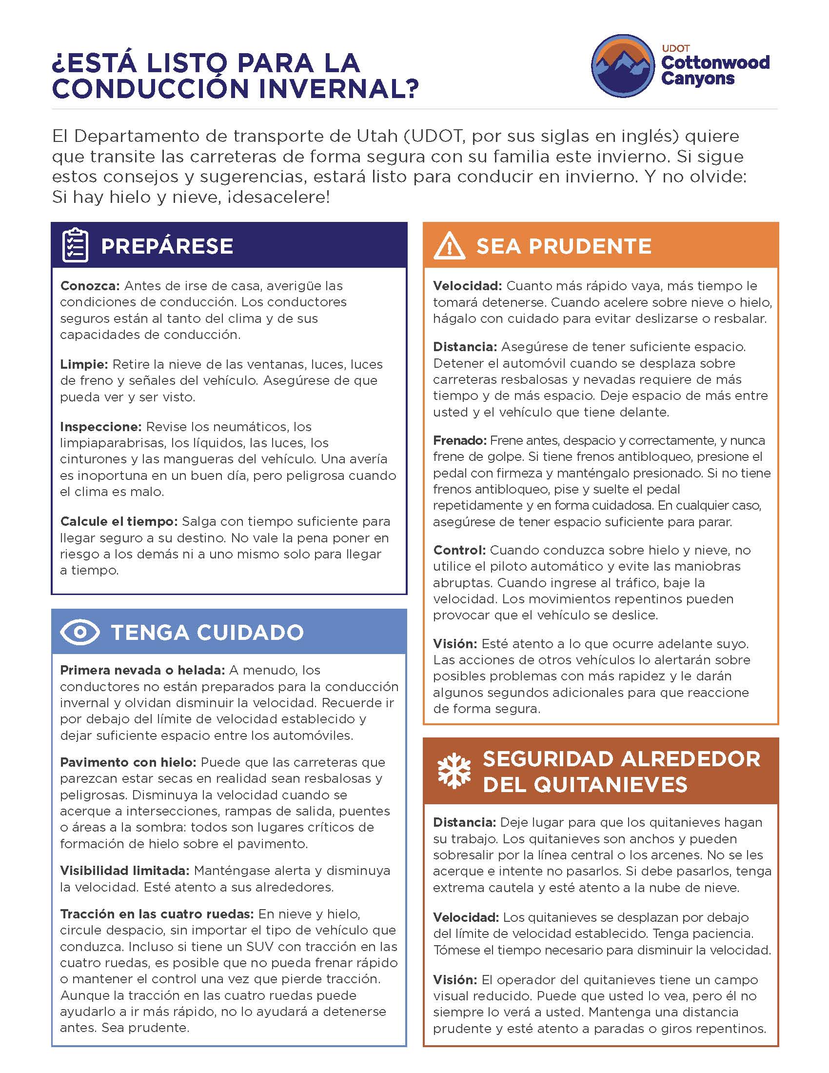 Winter driving safety guide providing tips for preparation, traction, and caution