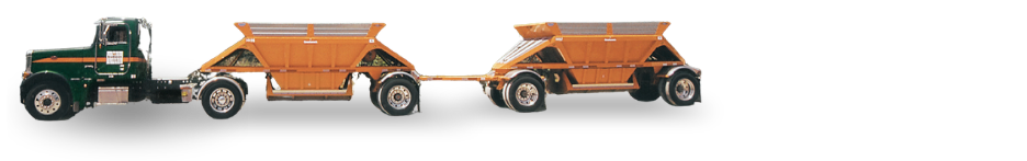 A commercial semi truck towing two bottom dump trailers.